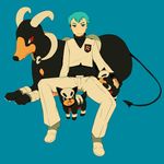  apollo_(pokemon) aqua_hair bad_id bad_pixiv_id blue_eyes gen_2_pokemon houndoom houndour noe_yuuhi pokemon pokemon_(creature) pokemon_(game) sitting team_rocket 