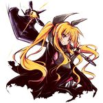  bardiche belt blonde_hair cape fate_testarossa fingerless_gloves gloves grin hair_ribbon long_hair lyrical_nanoha mahou_shoujo_lyrical_nanoha ribbon smile solo tom_(drpow) twintails v 