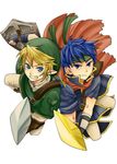  blonde_hair blue_eyes blue_hair cape earrings fire_emblem fire_emblem:_souen_no_kiseki grin hat headband highres holding holding_sword holding_weapon ike jewelry left-handed link male_focus multiple_boys pointy_ears shield smile super_smash_bros. sword the_legend_of_zelda the_legend_of_zelda:_twilight_princess weapon yurisaka 