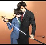  bad_id bad_pixiv_id black_hair blue_eyes character_name facial_hair formal katana kudou_shin'ichi letterboxed male_focus meitantei_conan multiple_boys mustache necktie odagiri_toshiro school_uniform sheath smile suit sword teitan_high_school_uniform toujou_sakana unsheathing weapon yellow_eyes 