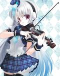  bow_(instrument) checkered electric_violin hat hato_rami headphones instrument light_smile long_hair mini_hat mini_top_hat multicolored_hair original pink_eyes solo thighhighs top_hat very_long_hair violin white_hair wrist_cuffs zettai_ryouiki 