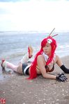  arm_warmers armwarmers beach bikini_top boots breasts chopsticks cleavage cosplay fingerless_gloves gloves kudou_rou ocean photo red_hair redhead scarf shorts tengen_toppa_gurren-lagann tengen_toppa_gurren_lagann thigh-highs thighhighs yoko_littner yoko_ritona 