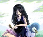  artist_request black_eyes black_hair comb dress gen_4_pokemon grass hair_brush hikari_(pokemon) holding long_hair lowres piplup pokemon pokemon_(creature) sitting skirt wariza 