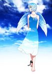  arms_behind_back bare_shoulders barefoot blue blue_eyes blue_hair chain cloud condensation_trail dress feet iwai_ryou original short_hair sky sky_print solo wings 