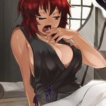  breasts cleavage large_breasts onozuka_komachi red_hair solo sun-3 touhou yawning 