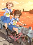  :d ^_^ bad_id bad_pixiv_id bicycle bicycle_basket black_legwear blouse blue_skirt bow closed_eyes grass ground_vehicle guard_rail hair_bow hands_on_another's_shoulders horizon kneehighs loafers multiple_girls multiple_riders neckerchief ocean okina_ika open_mouth original outdoors pillion ponytail riding road school_uniform serafuku shoes short_hair short_sleeves signature skirt sky smile standing sunset v-shaped_eyebrows white_blouse 