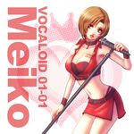  :d armor barcode_tattoo bra breasts brown_eyes brown_hair buckle character_name choker cleavage copyright_name cowboy_shot head_tilt large_breasts leaning_forward looking_at_viewer meiko microphone microphone_stand miniskirt nail_polish navel open_mouth red_bra red_choker red_nails red_skirt red_vest side_slit skirt smile solo standing stomach tatehama tattoo underbust underwear vest vocaloid wristband 