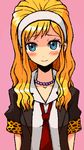  blonde_hair blue_eyes blush headband jewelry kibitsu_momoka long_hair looking_at_viewer necklace necktie pink_background school_uniform shirono sket_dance smile solo 