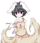  animal_ears arm_ribbon arms_behind_back black_hair blush bunny_ears dress inaba_tewi jewelry necklace off_shoulder red_eyes ribbon short_hair simple_background solo touhou usakou 