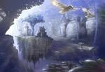  bird cb floating_island food fruit house lily_pad no_humans owl pixiv_fantasia river scenery tree water 