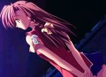  adachi_honami akazawa_red arms_behind_back braid brown_hair dutch_angle game_cg hair_ribbon long_hair nyante_chaton purple_eyes ribbon shikei skirt solo 