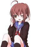  ahoge bad_id bad_pixiv_id blue_sailor_collar brown_eyes brown_hair cardigan genderswap genderswap_(mtf) kita_high_school_uniform kyonko namori oekaki sailor_collar school_uniform serafuku solo suzumiya_haruhi_no_yuuutsu 