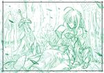  ahoge armor artoria_pendragon_(all) blood fate/stay_night fate_(series) forest green keiji_asakawa monochrome nature saber solo sword weapon 