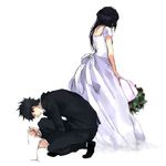  1girl artist_request black_hair bouquet bride diamond_(pokemon) dress flower hikari_(pokemon) long_hair lowres pokemon simple_background tuxedo wedding_dress white_background 