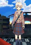  bag blonde_hair blue_eyes city cloud copyright_request day kneehighs krsg_(yuusen_wireless) scarf school_uniform shoulder_bag sky socks solo sunset urban 