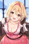  1girl adjusting_hair arm_behind_back arm_up armor armored_dress bangs blonde_hair blurry blurry_background breasts brown_eyes cleavage collarbone djeeta_(granblue_fantasy) dress eyebrows_visible_through_hair gauntlets granblue_fantasy hairband large_breasts leaning_forward light_blush omuretsu open_mouth short_hair shoulder_armor standing 