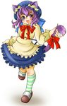  :d animal_ears cat_ears cat_tail fangs hat heterochromia holding_own_tail open_mouth original purple_hair ribbon setouchi_kurage smile solo tail tail_ribbon 