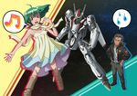  1girl ahoge beard boots dress facial_hair flat_chest frown green_hair grey_hair hands_on_hips jacket jewelry macross macross_frontier mecha musical_note necklace ozma_lee ponytail ranka_lee red_eyes scarf shigarami_kyouma short_twintails space sweatdrop twintails vf-25 