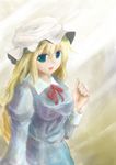  :d bad_id bad_pixiv_id blonde_hair blue_dress blush dress green_eyes hat long_hair looking_at_viewer maribel_hearn mob_cap open_mouth sidelocks smile solo taji_(crowview) tareme touhou upper_body very_long_hair 