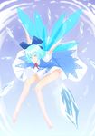  arms_up bad_id bad_pixiv_id barefoot blue_dress blue_eyes blue_hair bow cirno danmaku dress hair_bow ice large_bow legs nanahime short_hair solo touhou wings 