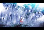  blue_hair fog forest hakurei_reimu letterboxed long_hair nature outdoors scenery solo touhou tree yamaguchi_yuu 
