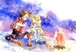  1girl artist_request blonde_hair blush boots brown_hair campfire cold collet_brunel cup fire knee_boots lloyd_irving long_hair pantyhose red_shirt shirt tales_of_(series) tales_of_symphonia 