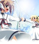  :d blonde_hair brown_hair chain-link_fence day dress fate_testarossa fence holding_hands kazekawa_nagi long_sleeves lyrical_nanoha mahou_shoujo_lyrical_nanoha multiple_girls open_mouth outdoors outstretched_arm red_eyes red_ribbon ribbon school_uniform seishou_elementary_school_uniform short_hair smile takamachi_nanoha translated twintails white_dress 