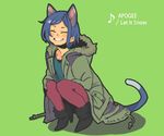  animal_ears blue_hair closed_eyes copyright_request happy jacket pantyhose shimura_nobuo solo squatting tail 