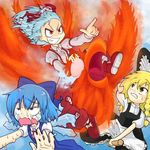  :d apron artist_request blonde_hair blue_dress blue_eyes blue_hair bow cirno crying crying_with_eyes_open crystal dress evil_grin evil_smile fire flame fujiwara_no_mokou grin ice ice_wings kirisame_marisa long_sleeves melting multiple_girls ofuda open_mouth outstretched_arm pants pointing pointing_forward puffy_short_sleeves puffy_sleeves red_eyes shirt short_sleeves silver_hair smile suspenders sweatdrop tears teeth touhou waist_apron white_shirt wings 