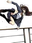  action angry bad_id bad_pixiv_id border_jumping brown_eyes brown_hair jumping loafers long_hair magomago original outstretched_arm railing school_uniform shoes solo 