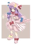 ankle_boots bad_id bad_pixiv_id blue_bow boots bow crescent dadami dress full_body hair_bow long_hair long_sleeves looking_at_viewer multi-tied_hair patchouli_knowledge pink_dress purple_eyes purple_hair red_bow solo standing touhou very_long_hair 