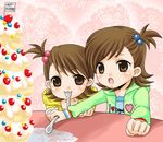  :3 artist_request cake flipped_hair food futami_ami futami_mami hair_bobbles hair_ornament holding holding_spoon idolmaster idolmaster_(classic) idolmaster_1 multiple_girls pastry siblings sisters spoon twins 