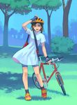  bag bicycle brown_eyes brown_hair copyright_request dress fingerless_gloves g_ryouta gloves ground_vehicle helmet long_hair smile solo tree 