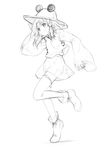  ankle_boots boots greyscale hand_on_headwear hat monochrome moriya_suwako sakumo_(karatama) sketch skirt solo standing standing_on_one_leg thighhighs tiptoes touhou 