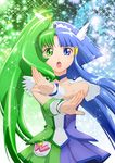  :o aoki_reika blue_eyes blue_hair blue_skirt choker cure_beauty cure_march dress eyelashes fusion green_choker green_eyes green_hair green_skirt hair_tubes head_wings highres kamen_rider kamen_rider_w long_hair looking_at_viewer magical_girl midorikawa_nao multiple_girls open_mouth parody precure skirt smile_precure! sparkle split_theme tiara ueyama_michirou very_long_hair wrist_cuffs 