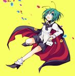  antennae blue_eyes cape envelope flower green_hair high_heels open_mouth pants shoes short_hair solo touhou wriggle_nightbug yellow_background yukimiya_(parupunta) 