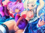  2girls alice_(wonderland) alice_in_wonderland animal_ears aomidori blonde_hair blue_eyes breasts cat_ears cat_paws cat_tail censored cheshire_cat dress erect_nipples futanari highres large_penis long_hair nipples paws penis personification purple_hair pussy red_eyes smile tail torn_clothes twintails yuri 