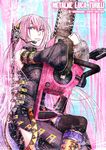  2012 artist_name blue_eyes chain chainsaw dated detached_sleeves headphones headset kei-suwabe long_hair megurine_luka mikupa pink_hair skirt solo thighhighs vocaloid 