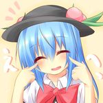  ^_^ blue_hair bow closed_eyes food fruit hat highres hinanawi_tenshi long_hair open_mouth peach pointing pointing_at_self smile solo touhou upper_body wakagi_repa 