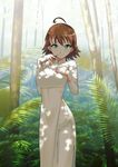  ahoge awakened_miki blush breasts brown_hair dappled_sunlight finger_to_mouth green_eyes hoshii_miki idolmaster idolmaster_(classic) large_breasts looking_at_viewer palm_tree shirihime short_hair side_slit slender smile solo sunlight tree tree_shade vietnamese_dress 