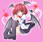  alternate_hair_length alternate_hairstyle ankle_boots aomi_riru bat_wings black_legwear blush boots bow bowtie demon_tail hair_intakes head_wings heart knees_touching koakuma long_sleeves one_eye_closed panties pantyshot pantyshot_(sitting) pink_background polka_dot polka_dot_background red_hair short_hair sitting smile solo tail thighhighs touhou underwear valentine white_panties wings yellow_eyes 