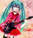  32 39 bad_id bad_pixiv_id choker dated garter_straps green_eyes green_hair guitar hatsune_miku instrument japanese_clothes long_hair mikupa skirt smile solo thighhighs twintails very_long_hair vocaloid 