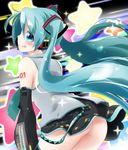  :q aqua_eyes aqua_hair ass bare_shoulders blush detached_sleeves hatsune_miku headset highres long_hair looking_back md5_mismatch necktie no_panties noto_(soranoto) skirt solo star tongue tongue_out twintails very_long_hair vocaloid 