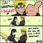  2boys 3koma black_eyes black_hair blonde_hair cloud comic commentary english english_commentary forehead_protector index_finger_raised jumpsuit konohagakure_symbol ladygt93 male_focus meme multiple_boys naruto_(series) naruto_shippuuden ninja o_o official_style profanity rainbow sai_(naruto) uzumaki_naruto whisker_markings 