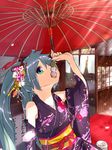  bare_shoulders dango detached_sleeves eating food hatsune_miku highres japanese_clothes kimono long_hair open_mouth oriental_umbrella solo tera_l twintails umbrella vocaloid wagashi 