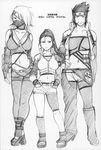  breasts character_request chiba_toshirou doujinshi fishnets genderswap graphite_(medium) hatake_kakashi headband high_heels highres katsuyu large_breasts midriff monochrome nara_shikamaru naruto navel ponytail sarutobi_asuma shoes sketch traditional_media 