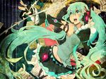  amatsuki_colors detached_sleeves fingerless_gloves gloves green_eyes green_hair groin hatsune_miku headset long_hair navel open_mouth outstretched_arm paper sheet_music skirt solo twintails very_long_hair vocaloid 