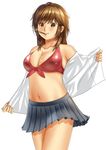  amagami bikini_top breasts brown_eyes brown_hair cleavage food front-tie_top highres large_breasts mouth_hold navel paintedmike pleated_skirt pocky sakurai_rihoko skirt smile solo sparkle undressing 