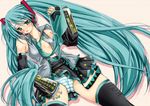  aqua_hair aqua_nails ayano_naoto belt blush detached_sleeves hatsune_miku headset long_hair nail_polish necktie open_clothes open_shirt panties shirt skirt solo striped striped_background striped_panties thighhighs twintails underwear very_long_hair vocaloid 