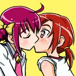  ahoge bow closed_eyes drill_hair gym_uniform hair_bow hino_akane_(smile_precure!) hoshizora_miyuki kiss lowres multiple_girls necktie pink_hair pink_neckwear ponytail precure red_eyes red_hair school_uniform sleeves_rolled_up smile_precure! sweat twin_drills twintails yellow_background yoshino_(yoshizuya) yuri 